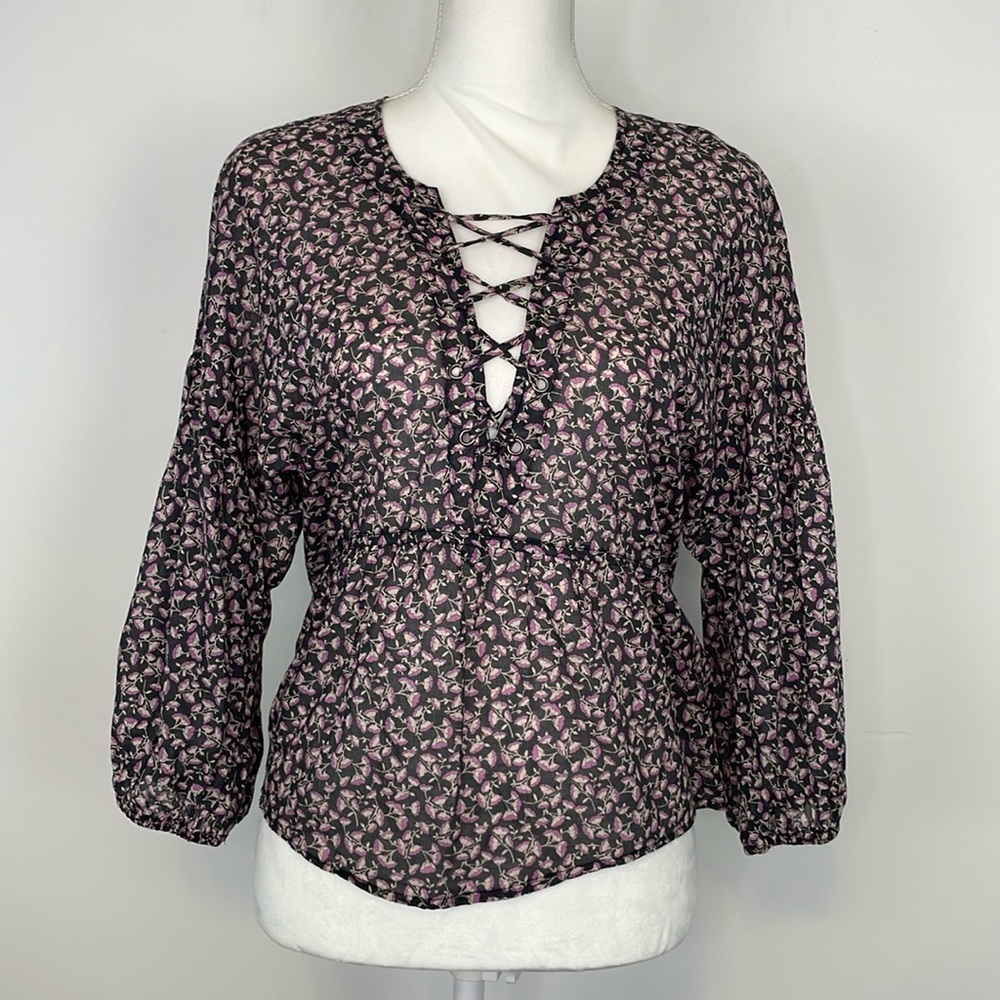 MCGUIRE Gray and Purple Floral Long Sleeve Cotton Peplum Blouse. Size Small. - Picture 1 of 12